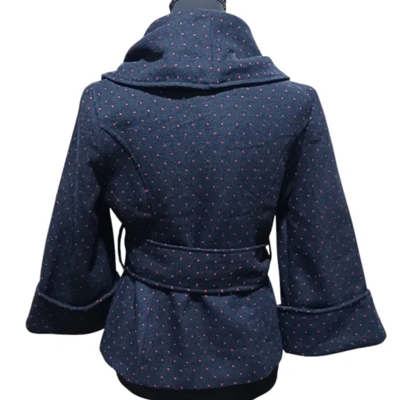 Belted Cropped Polka Dot Pea Coat Navy Red - Picture 2 of 12